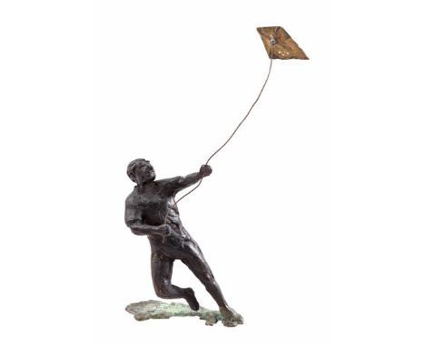 Initials M.R., bronze statue of man with kite, 26 cm high