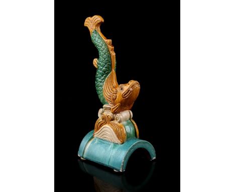 Glazed earthenware roof tile with the shape of a fish, 34 cm high (chips)