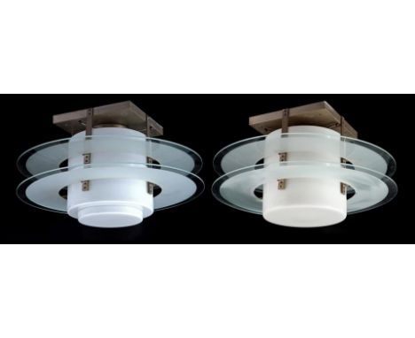 2 opaline ceiling lamps in aluminium frame with 2 discus model glass discs, probably Germany 1970s, 30 cm high and 55 cm diam