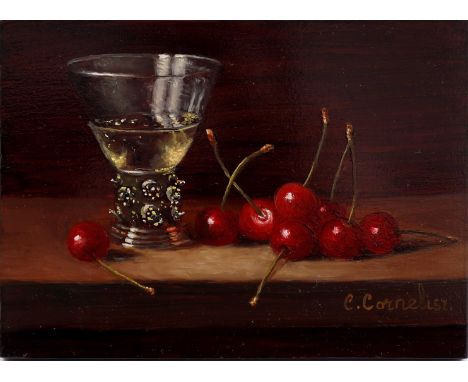 Signed C Cornelisz, still life of a rummer with white wine with cherries on a plinth, panel 13x18 cm