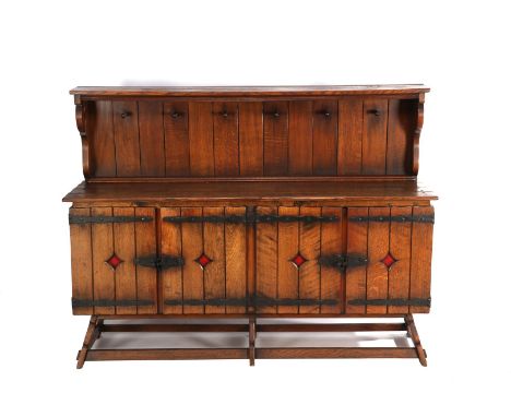 Oak tin buffet with upstand and wrought iron connections, 135 cm high, 180 cm wide and 54 cm deep
