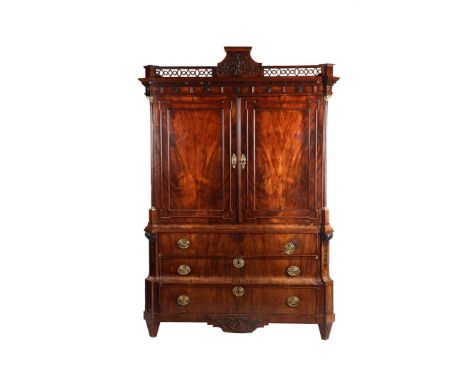 Transitional period Louis Seize - Empire mahogany veneer on oak cabinet with fencing on hood rail and in the middle stitchwor