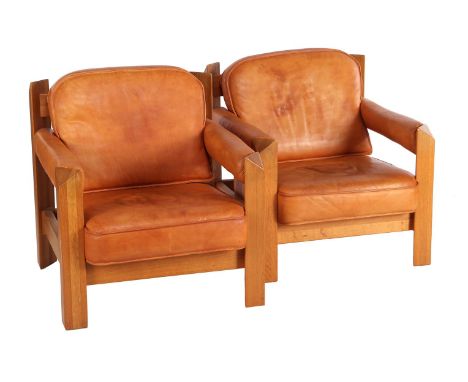 2 teak armchairs with cognac leather upholstery, marked on the back 'Skilla 1988', probably commissioned for a yacht, 81 cm h