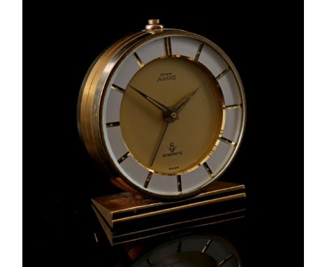 Cyma Amic Swiss travel alarm clock, 1960s, 62 mm diameter in a leather case