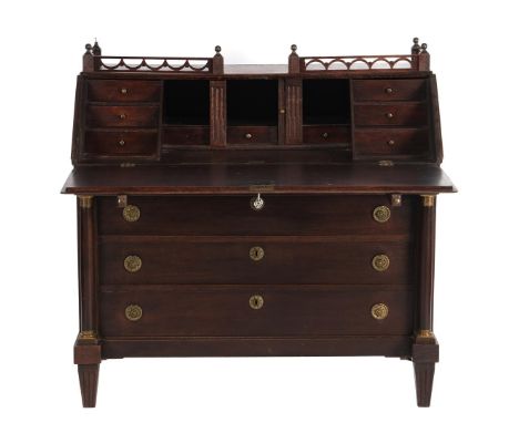 Oak folding desk with gate on top, full columns, 9 drawers in nest, roller shutter door, secret space, open compartments and 