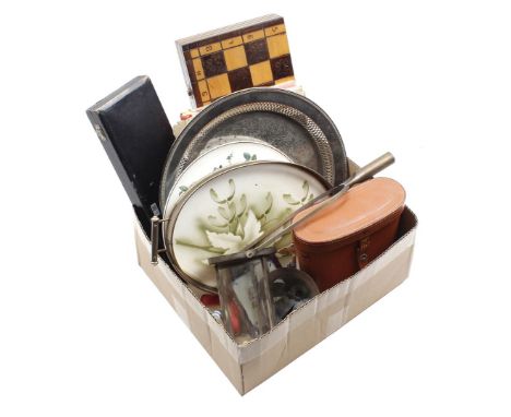 Box with chess set, processional lamp, books, earthenware tile, binoculars, tray, glass knife rests, etc.