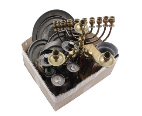 Box with pewter dishes including 18th century, brass Jewish candlestick, brass 3-light candlestick, bronze mortar and pestle 