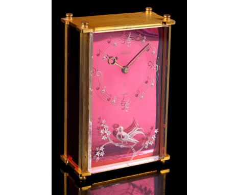 Jaeger LeCoultre travel alarm clock with 3D bird decor, alarm clock with music box, case bottom numbered 2161, 13 cm high (do