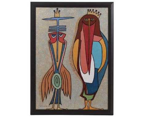 Thijs Hanekamp (1954-)Emperor penguins in 2078 from the Cum Grano Salis series, panel dated 2024, 70x50 cm