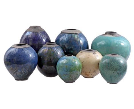 8 Raku ceramic glazed pots among. marked, highest 26 cm