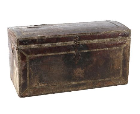 Wooden trunk with tack and leather upholstery and interior with textile, 19th century, 66 cm high, 124 cm wide, 62 cm deep (d