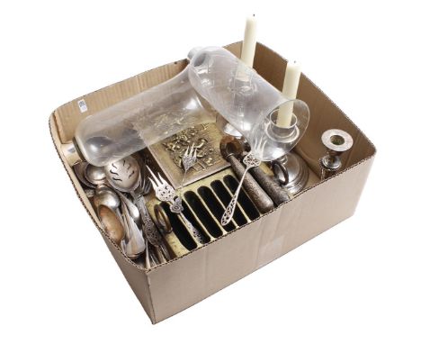 Box with silver plated and silver, including cutlery, sterling lanterns with crystal shade, bronze holder, box and candlestic