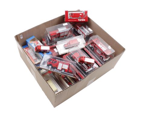 Box with scale model fire brigade vehicles, brands Del Prado, Herpa Roco and Siku