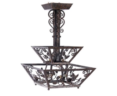 Metal 6-light hanging lamp with decor of roses and leaves, 82 cm high