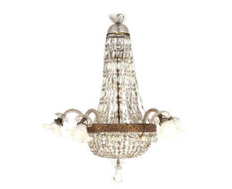 13-light pocket chandelier lamp with crystal icicles and open brass edge with 5 Venetian crystal arms with frosted glass chal