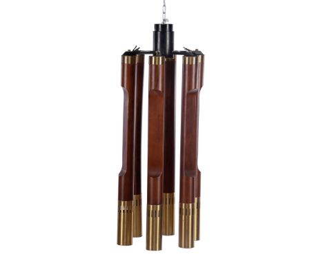 Blackened metal, brass and teak 5-light hanging lamp, 86 cm high, 34 cm diameter