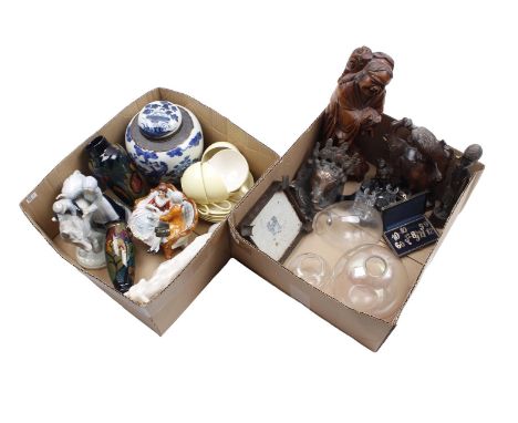 2 boxes of diversb.u. 2 South Holland Gouda pottery vases, porcelain statue of a lion, Chinese ginger jar, earthenware statue