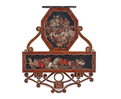 Groom's pipe in wooden wall cabinet, monograms HJW and FV December 13, 1923, 77 cm high, 66 cm wide, 14 cm deep
