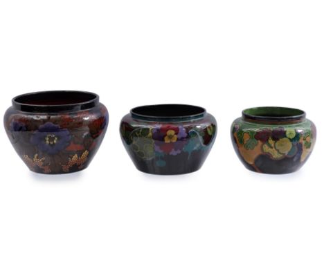 Gouda South Holland 3 x pottery cachepot, model 113/18 decor Tosla, 17.5 cm high (firing error and chip), model 155, decor Iv