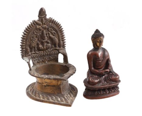 Bronze Buddha, marked on the bottom, China 20th century, 10 cm high bronze altar with decor of Buddha and elephants