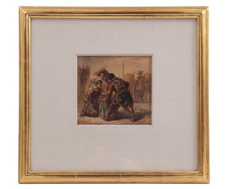 Francois Bonvin (1817-1887)4 soldiers in 17th century uniform around drum, mixed media drawing with watercolor, 13x14 cm
