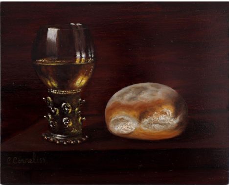Signed C Cornelisz, still life of a rummer with white wine and a ball of bread on a plinth, panel 20x25 cm