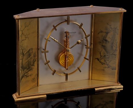 Jaeger LeCoultre table clock in brass case with Japanese decor of monkeys, 1960s, 15 cm high, 20 cm wide