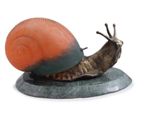 Brass table lamp in the shape of a snail, with paste glass shade, on marble plateau, 15 cm high, 26 cm long (crack in glass s