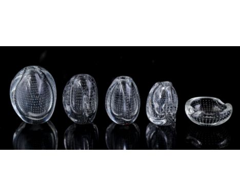 4 Floris Meydam Leerdam glass beechnut model vases, smallest 8 cm high, largest 10.5 cm high and bowl 4 cm high, 9 cm diamete