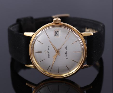 Eterna Matic Centenaire men's wristwatch in a gold case, timepiece numbered 5076423, case size is 34 mm on a leather strap