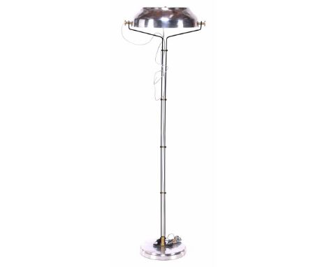 aluminium and metal floor lamp with brass accents and glass disc in shade, possibly&nbsp;executed by VeArt, Italy 1970s/1980s