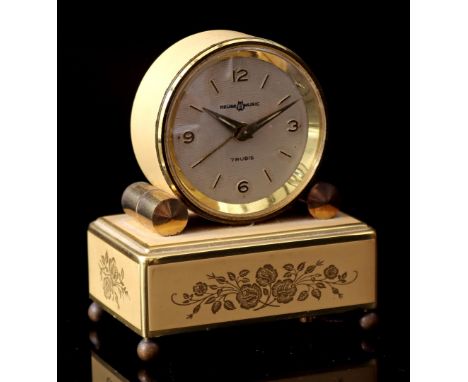 Regue Music Swiss travel alarm clock with music box, 1960s, 9 cm high, 7.5 cm wide