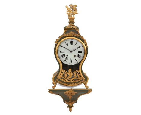 Neuchatel clock with brass movement with verge escapement, 3 bells, in green lacquered case with gold-colored ornaments, Loui