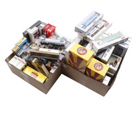 2 boxes with scale model trucks, brands including AMW, Schuco, Wiking, DAF and Pinder