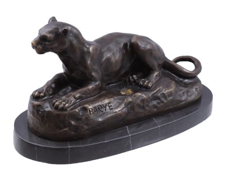 Bronze statue of a panther, after Barye, on marble base, 13 cm high