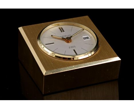 Looping Swiss table clock/travel alarm clock with date display, timepiece is numbered 595495, 3 cm high, 6x6 cm