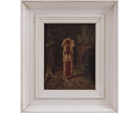 Johan Georg Gerstenhauer Zimmermann (1858-1931)Woman walking in the forest with a mischievous boy behind the tree who tricks 