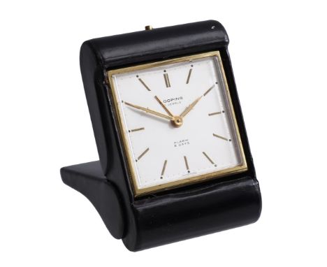 Looping Swiss travel alarm clock in a black leather case, 1960s, 9.5x6.5 cm