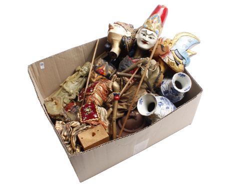 Box with Indonesian wajang dolls, Japanese porcelain vases, Yixing teapot and soapstone statue