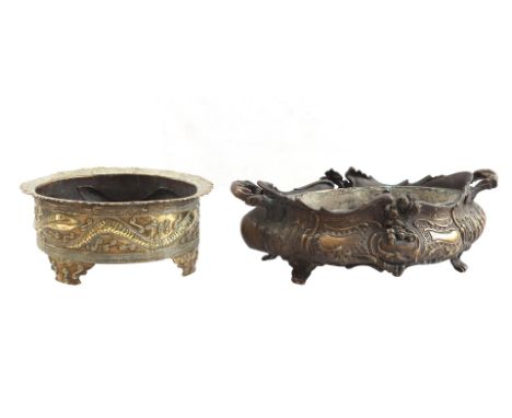 Classic oval bronze jardiniere, 13 cm high, 41x22 cm and round flower box, 12 cm high, 27.5 cm diameter