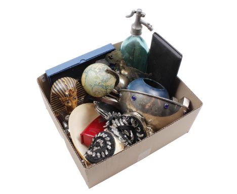 Box with shell, compass set, sparkling water bottle, purses, plate bowl, metal ball vase, glass odeur bottles, metal globe, b