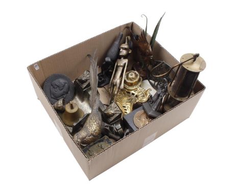 Various box including copperware, inkstands, miner's lamp, pewter statue group, African statue, bells, iron door knocker, med