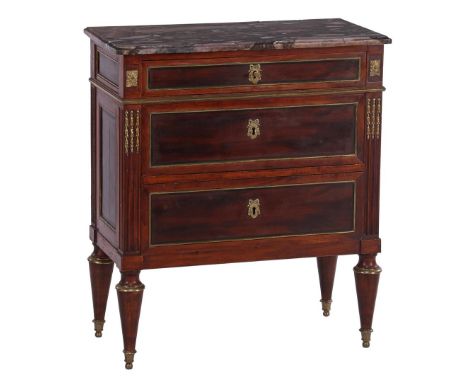 Classic walnut with mahogany veneer 3-drawer chest of drawers, with brass frames, marble top and bronze fittings, 86 cm high,