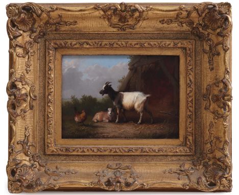 Eugene Verboeckhoven (1798-1881)Goats and chicken at the stable, panel 13x18 cm