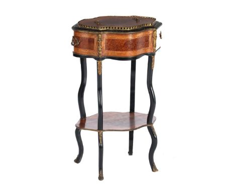Burr walnut veneer, maple veneer and mahogany veneer contoured craft table with base shelf, blackened parts and bronze-colore