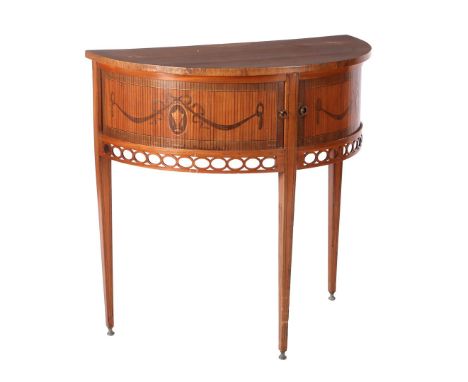 Walnut veneer demi lune cabinet with 2 roller shutter doors, marquetry decoration and openwork edge, in Louis Seize style, 77