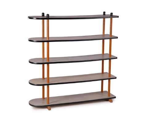 5-shelf stick cabinet with beech uprights and edges finished with rubber, 124 cm high, 121 cm wide, 30 cm deep