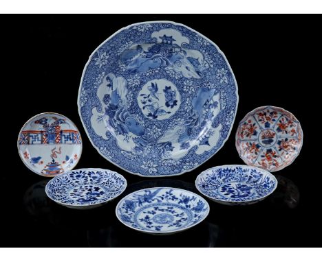 Porcelain dish with blue decor divided into cartouches, China Qianlong period ca. 1750, 26 cm diameter (hairline), 3 porcelai