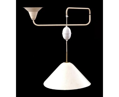 White metal adjustable ceiling lamp with aluminium shade and brass accents, probably manufactured by ASEA, Sweden, mid-20th c