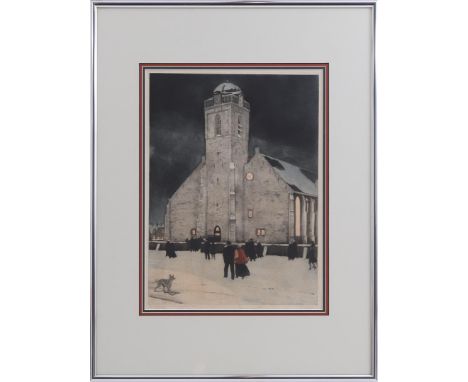 Tjeerd Bottema (1884-1978)Church hallway in Katwijk aan Zee, color etching 40x30 cm, outside size is 66x51 cm